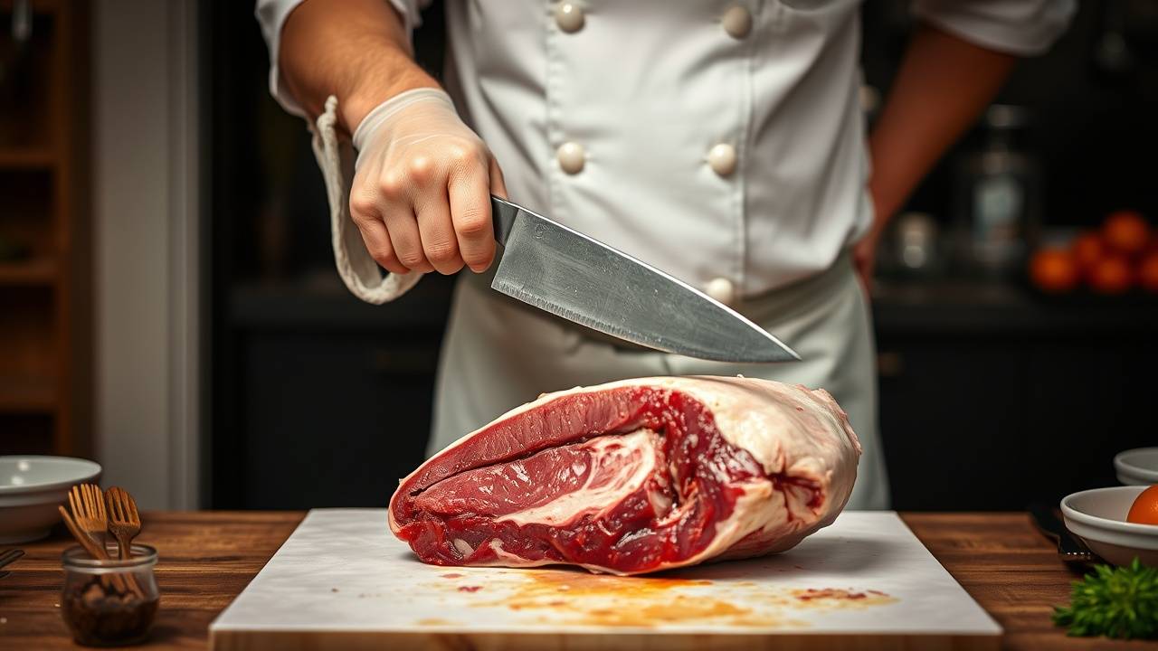 שף במעיל לבן מחזיק סכין מעל חתיכת בשר גולמית גדולה על קרש חיתוך.