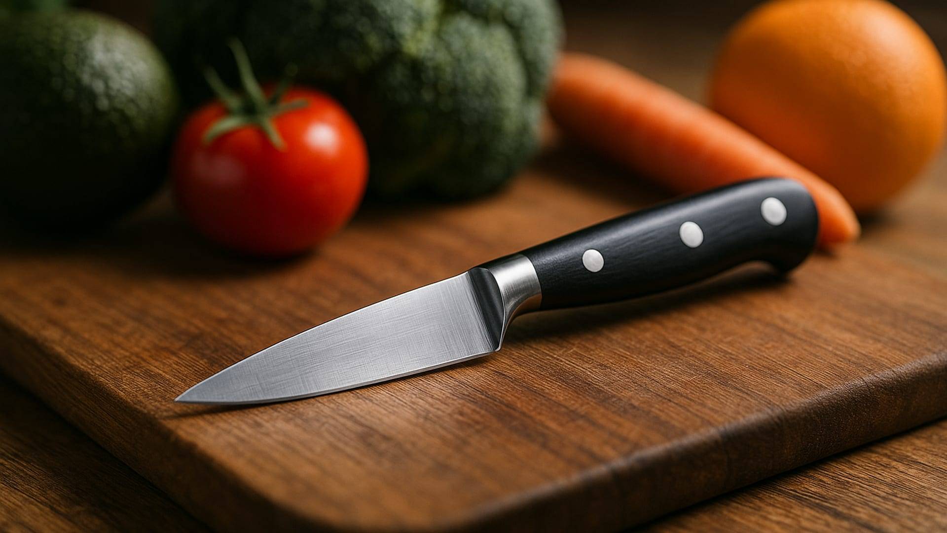 סכין מטבח על קרש חיתוך מעץ עם ירקות.