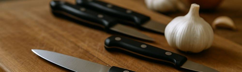 סכינים קטנות מגוונות על משטח עץ, ממתכת ומעץ.