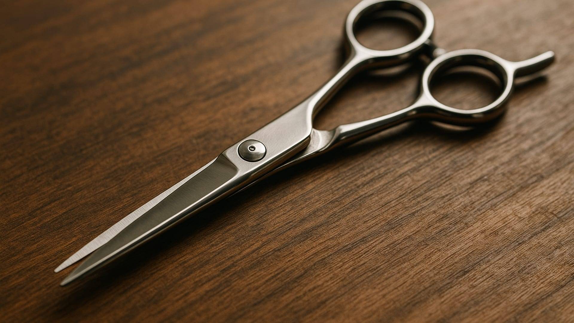 זוג מספריים מפלדת אל חלד מונחים על משטח עץ.