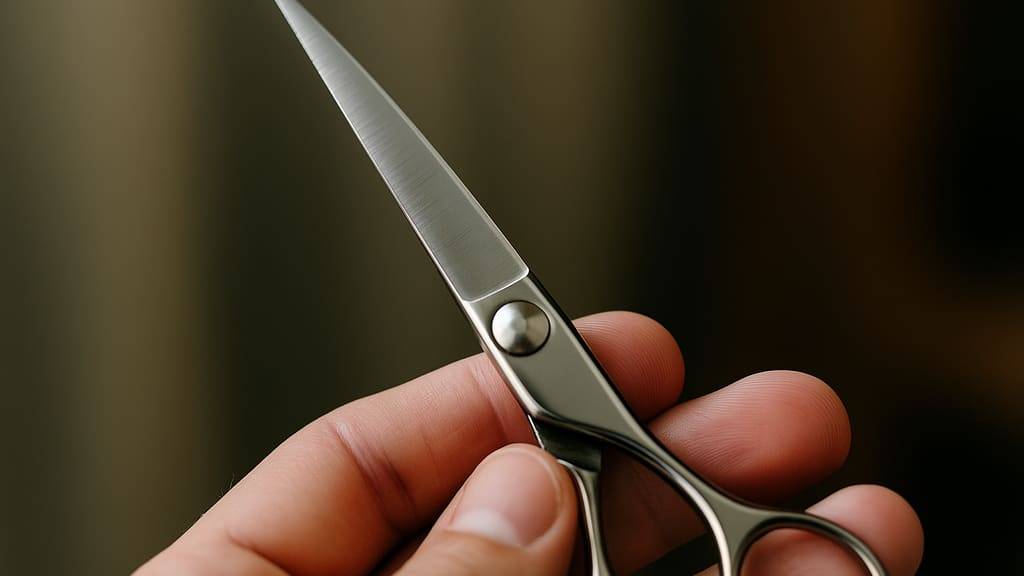 תרשים אנטומי של מספריים מקצועיות עם סימון חלקי הלהבים והידיות