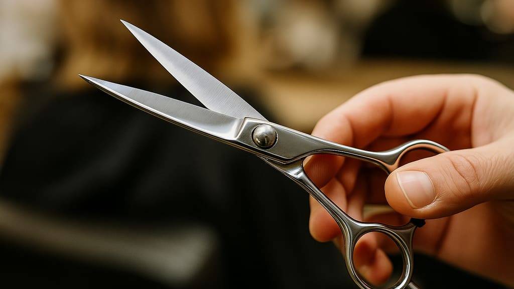 זוג מספריים מקצועיות עם להבים מבריקים מונחות על שולחן מספרה