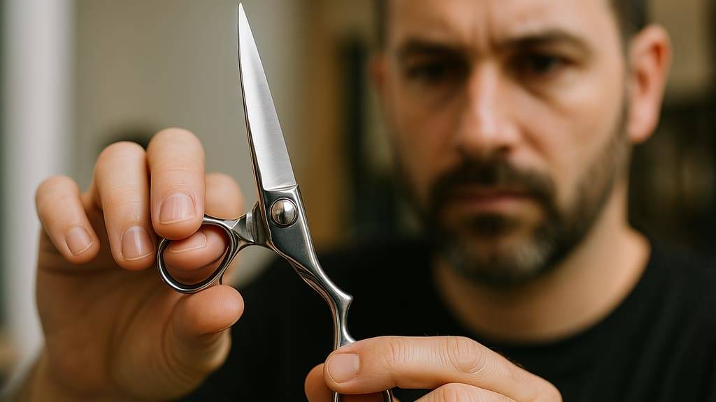 מספריים מקצועיות מונחות על מגבת לבנה לצד כלי ניקוי ועבודת תחזוקה