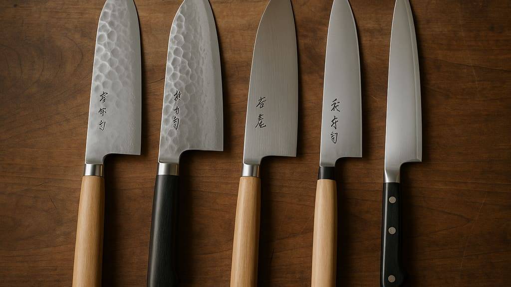 שלושה סכיני שף יפניים שונים מוצגים על קרש חיתוך עץ