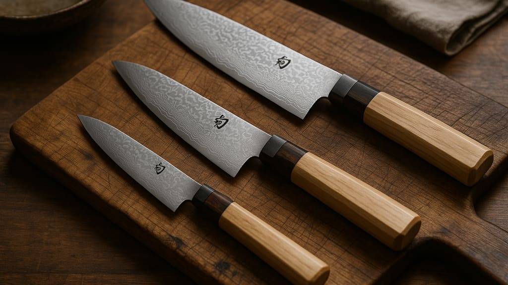 אוסף סכיני שף יפניים מונחים על משטח עץ עם פריטי אוכל יפני