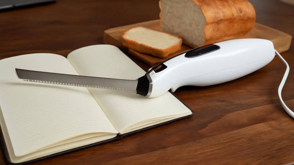 סכין חשמלית על שולחן מטבח עם תוספות למכשיר ליד