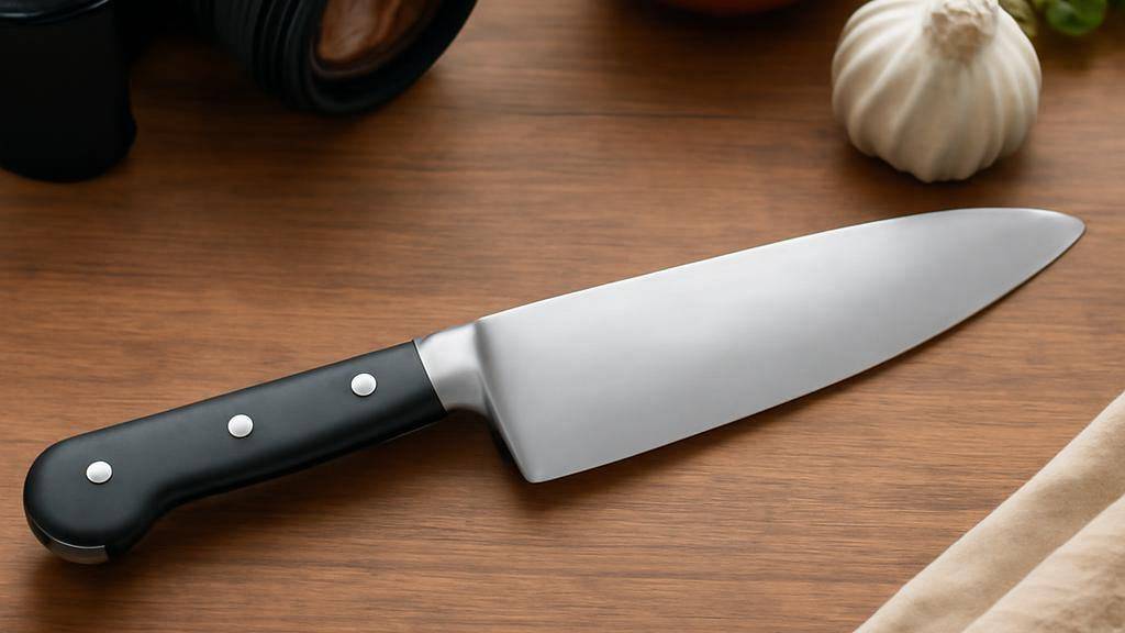 סכין שף מקצועית על רקע מטבח מודרני עם כלי בישול