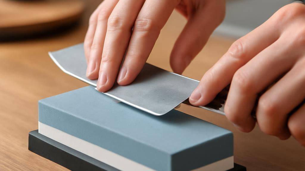 אוסף אבני שחזה עם סכינים הישנות והחדשות מוצגות על רקע עץ