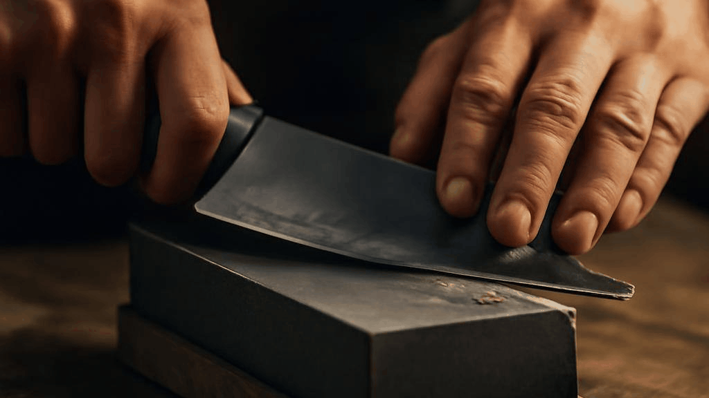 אבן שחזה עם סכין על רקע עץ, המדגימה את אתגרי השחזה נכונה