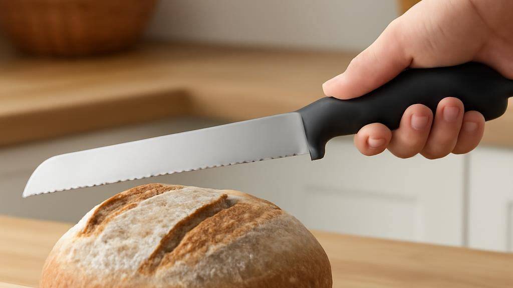 מטבח מודרני עם סכין מקצועית על שולחן עבודה ומגוון כלי מטבח